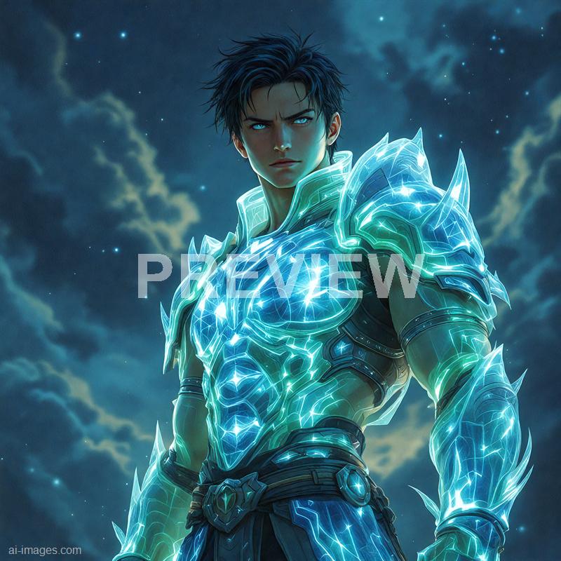 A young male warrior with intense blue eyes and tousled dark hair stands against a backdrop of a starry night sky with clouds. He is clad in glowing, futuristic armor that appears to be made of crystalline energy, emitting bright light and intricate patterns across his chest, arms, and shoulders. The armor has sharp, spiked details, giving him a powerful and otherworldly appearance, illuminated by the soft glow of the night sky.